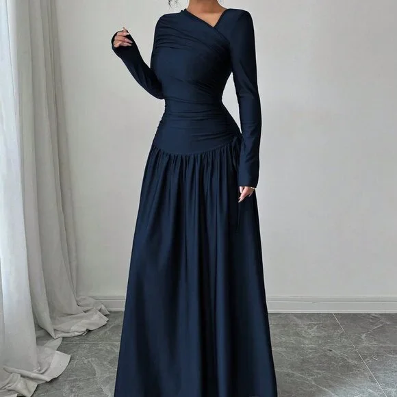 Royal Elegant Women's Oblique Collar Long Sleeve Pleated A-Line Long Dress - Picture 5 of 8